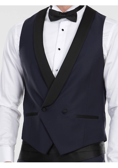 Kip Saks Fitted Fit Şal Yaka Klasik Yelek Saks