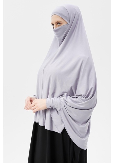 Kollu Sufle Çarşaf Üstü Peçeli Pratik Tesettür Hijab - Nikaplı Namaz Örtüsü Gri