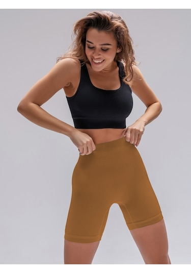 Mistirik Dublin Model Yüksek Bel Fitilli Seamless Biker Şort Caramel Renk027 Caremel
