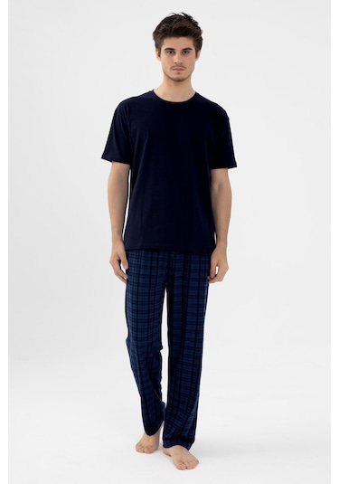 Erkek Pamuklu Kısa Kollu Lacivert Ekose Desenli Cep Detaylı Pijama Takımı Ke30205.34 Lacivert