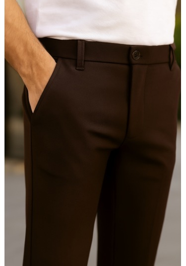 Erkek Düz Kesim Bilek Boy Kumaş Pantolon Koyu Kahve