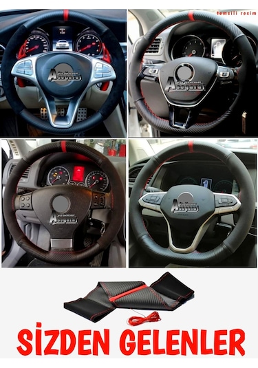 Chevrolet Cruze Uyumlu Dikmeli Direksiyon Kılıfı Alkantara-karbon Sarı Yüzüklü