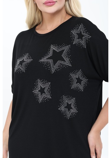 Yıldız Tasarım Taş Detaylı Bambu Yarasa Kol Bluz M-6xl Siyah