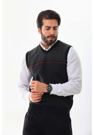 Pelikan Erkek Desenli V Yaka Süveter 9602 Füme