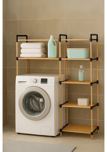 Nc02 Ahşap Çamaşır Makinesi Organizer Banyo Düzenleyici Raf Masif Çam Ahşap Açık Ahşap