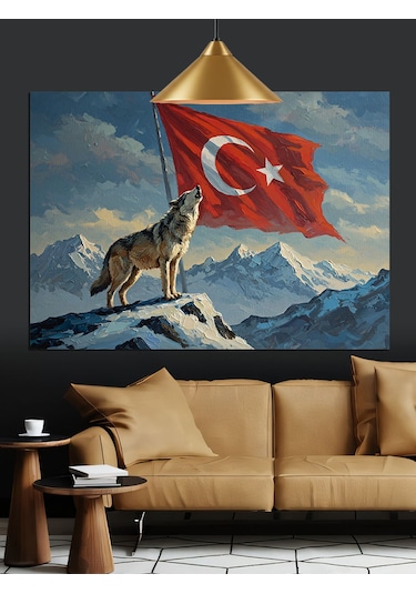 Dağ Başında Türk Bayrağı Dekoratif Kanvas - Mdf Ahşap Tablo