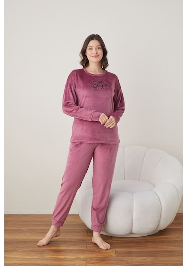 Lukitus Pamuklu Kadife Pijama Takımı Pembe Kadife01 Pembe