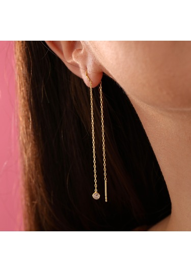 Queen Silver Jewelry 925 Ayar Gümüş Yuvarlak Küçük Taş Sallantılı Küpe Altın