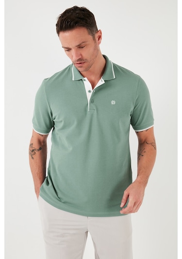 Buratti % 100 Pamuk Düğmeli Regular Fit Erkek Polo Yaka T Shirt 5902118 Elma Yeşili-Beyaz