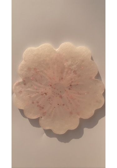 Sedefli Beyaz Üzerine Pembe Glitterli Çiçek Desen Bardak Altlığı Beyaz