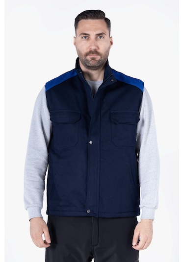 Dik Yakalı Kapitoneli Yelek Lacivert - Saks Mavi