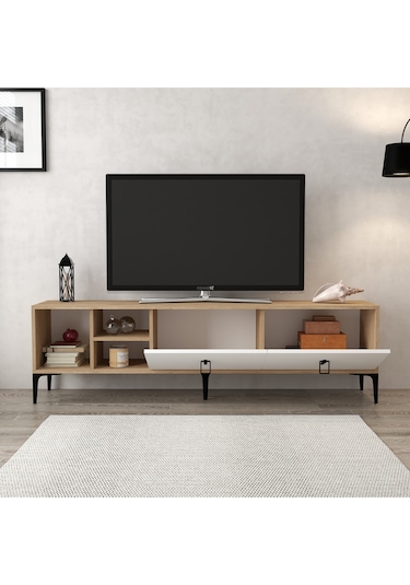 3804 Era Tv Ünitesi 180 Cm 2 Kapaklı Raflı Sepet - Beyaz Tv Sehpası Beyaz - Sepet Çok Renkli