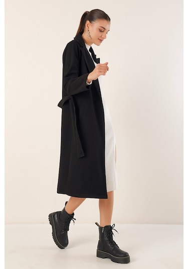 Bigdart9118 Kruvaze Yaka Kaşe Kaban - Siyah 001