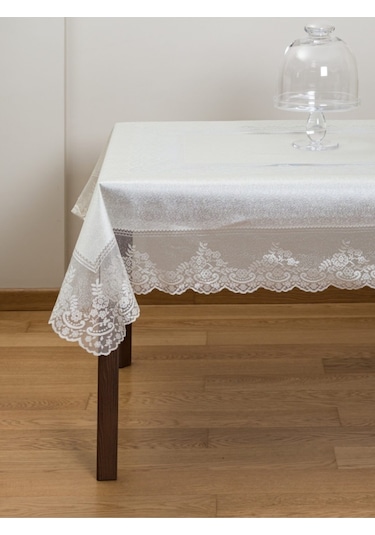 Çini Desenli Örme Leke Tutmaz Masa Örtüsü Ekru
