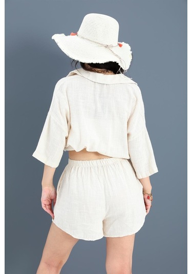 Pamuk Keten Şort Gömlek Kadın İkili Takım - Taş-taş Taş