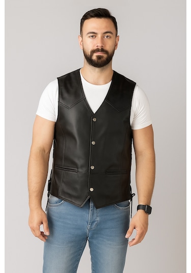 Derije Oregon Hakiki Deri Erkek Siyah Motorcu Tarzı Yelek Siyah