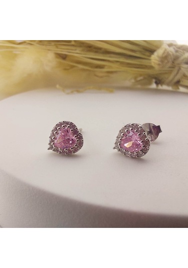 925 Ayar Gümüş Pembe Taşlı Kalp Küpe Gümüş