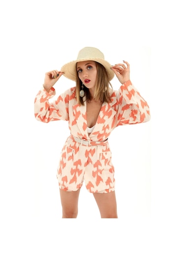 Kemerli Desenli Oversize Blazer Ceket - Turuncu-turuncu Turuncu