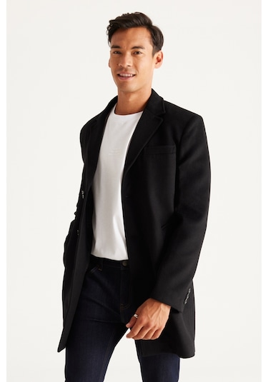 Ac&Co / Altınyıldız Classics Erkek Sıyah Standart Fit Normal Kesim Mono Yaka Yünlü Palto Siyah