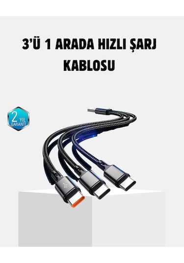 3 Başlıklı Hızlı Şarj Kablosu Metal Alaşımlı Dayanıklı Akıllı Çipli