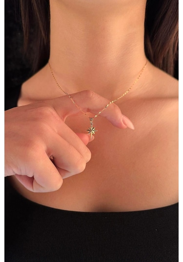 Fiyonk Kuyumculuk 14 Ayar Altın Işıltılı Aynalı Zincir Kuzey Yıldızı Kolye 001