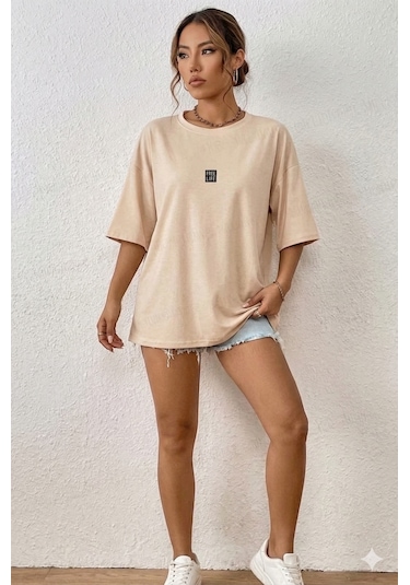 Kadın Bej Free Life Bisiklet Yaka Oversize Salas T-shirt