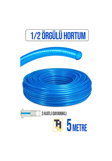 1/2 Örgülü Bahçe Hortumu Çatlamaz, Kırılmaz, Esnek 5 Metre Mavi