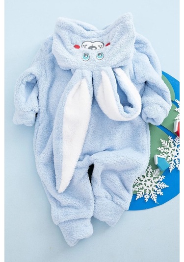 Erkek Bebek Çocuk Welsoft Peluş Tavşan Kulaklı Kışlık Tulum Mavi