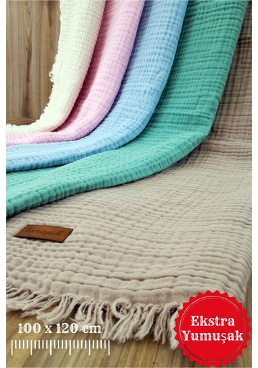 4 Kat Müslin Mint Yeşil Saçaklı Bebek Battaniyesi 100x120 Cm- %100 Pamuklu & Çok Amaçlı Battaniye Sütlü Kahve