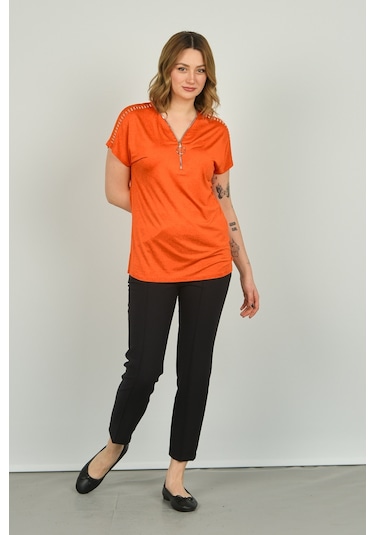 Ella Camelia Kadın Fermuarlı Kısa Kol Bluz 20e038 Oranj