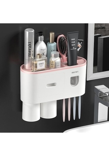 Novahub Pembe Mengnı Duvara Monte Manyetik Diş Fırçası Tutucu Su Geçirmez Diş Macunu Sıkacağı Tuvalet Otomatik Dağıtıcı Banyo Aksesuarları 2 Bardak Pembe Pembe