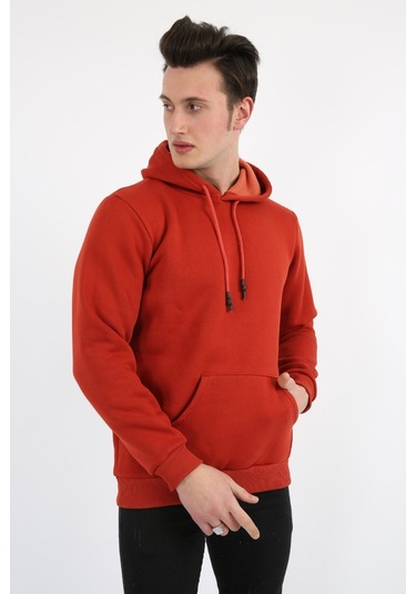 Modish Üç İplik Şardonlu Kapşonlu Düz Erkek Günlük Sweatshirt Kiremit