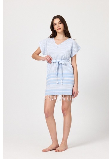 Mulberry Katya Plaj Elbisesi Tunik Pareo %100 Pamuk Mavi