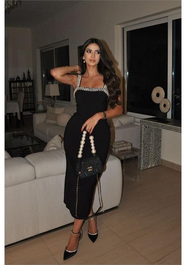 Kadın Likralı İnci Elişi Detaylı Tasarım Elbise Dpnbemp2582 Siyah