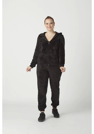 1927 Siyah Tam Kalıp Tarz Kapüşonlu Kadife Büyük Beden Eşofman Takımı Siyah