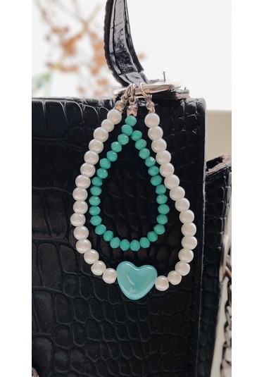 Mavi Seramik Kalp, İnci Ve Kristal Taşlı Anahtarlık Ve Çanta Charmı