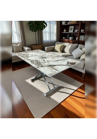 Ortadan Açılır Akıllı Masa Üst Mdf Beyaz Mermer Alt Ayak Krom