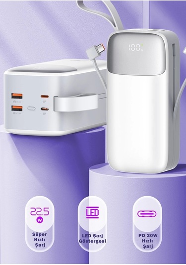 Sword SW-50PO3 50000 Mah Pd 22.5 W Hızlı Şarj Kendinden Kablolu Type-c & Lightning Powerbank Beyaz