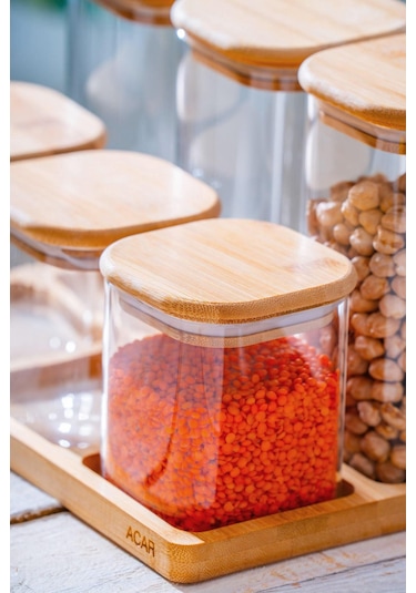 Malibu Bambu Standlı 6 Lı Cam Baharatlık Seti Bambu