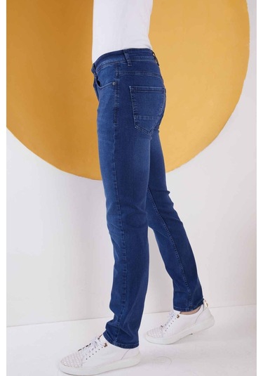 Erkek Mavi Düz Regular Fit Likralı Düz Paça Kot Pantolon Mavi