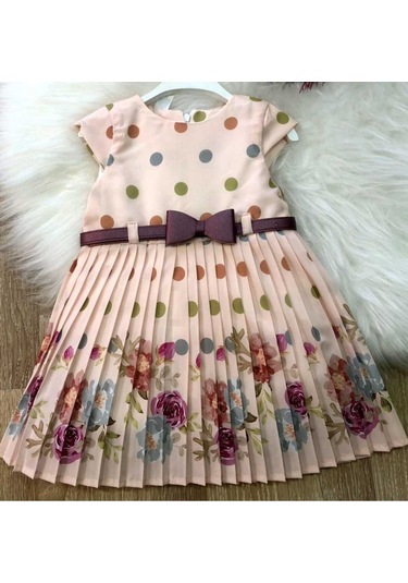 Kız Çocuk Bebek Pembe Puanlı Çiçekli Doğum Günü Hediye Şık Prenses Elbise Pembe