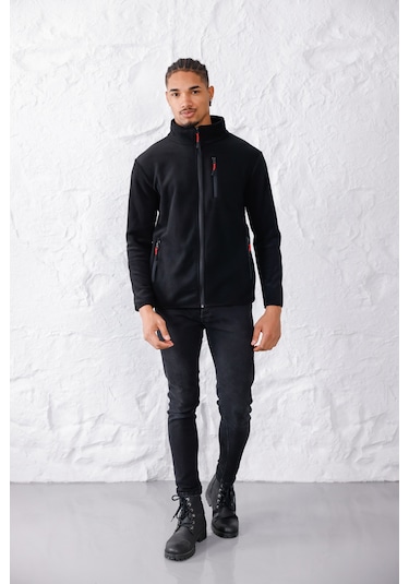 Monox Erkek Biyeli Fermuarlı Spor Polar Ceket Siyah