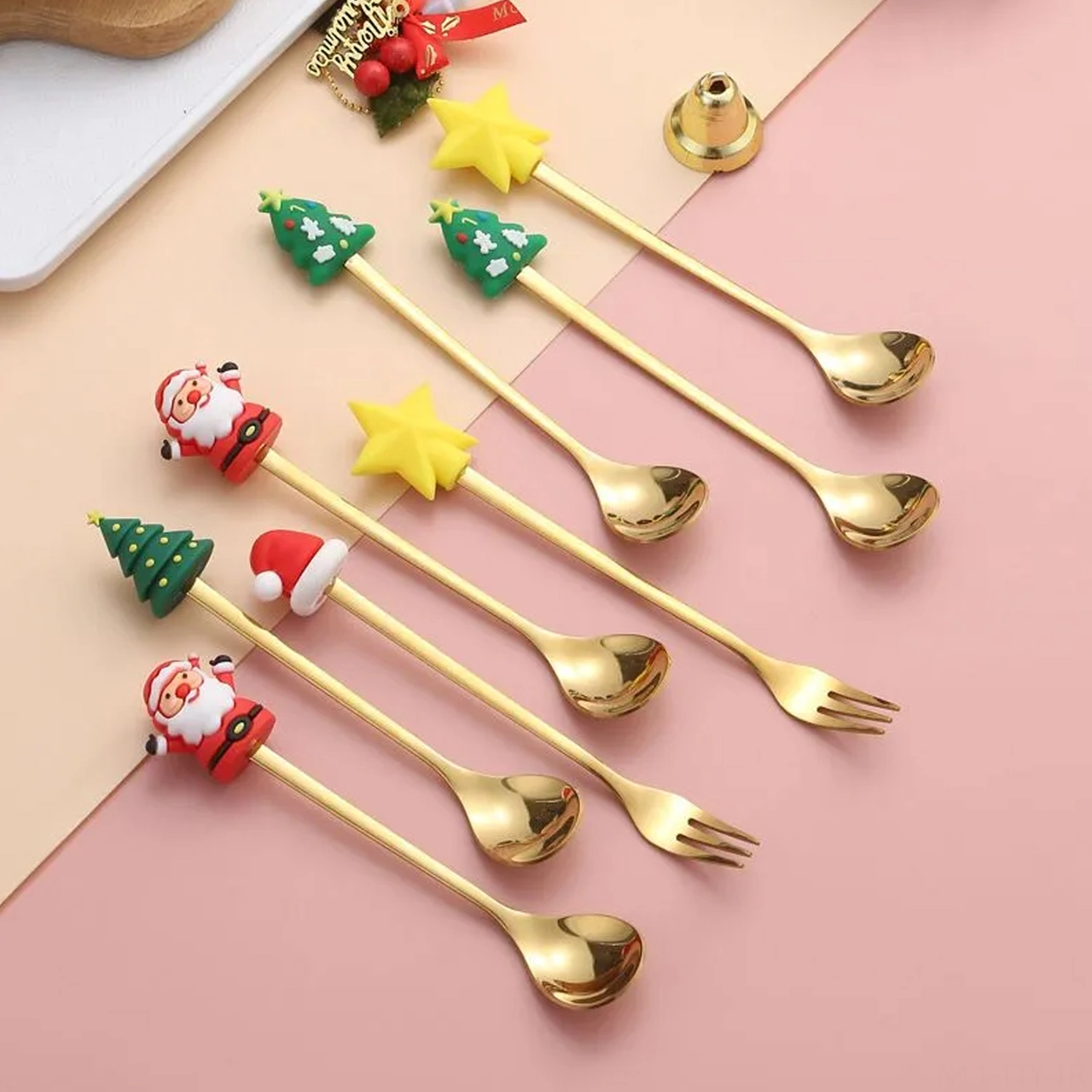 Dianziye Noel Güzellikli 6'lı Çatal-kaşık Seti, Paslanmaz Çelik 410, Kurutma Makinesine Uygun, Hediye Kutulu Tatlı Servisi Kırmızı