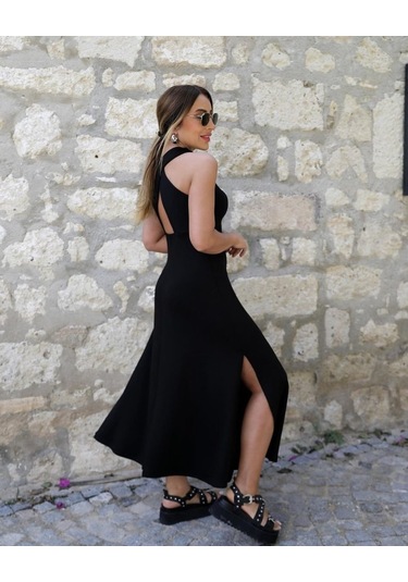 Kadın Arkadan Çapraz Detay Yuvarlak Yaka Maksi Viskon Elbise Siyah