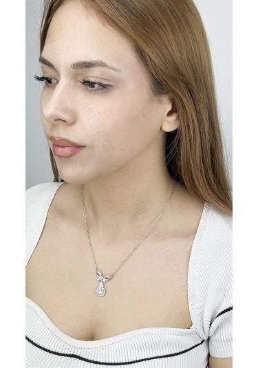 Zirkon Taşlı, Kurdela Figürlü, Tek Taşlı, Kolye 358, Paslanmaz Çelik Kolye Gümüş