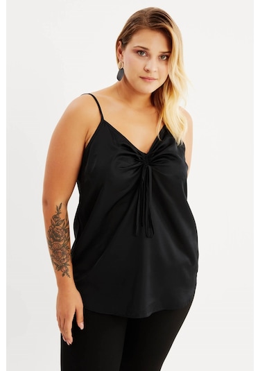 Saten İp Askılı Büzgülü Bluz Siyah