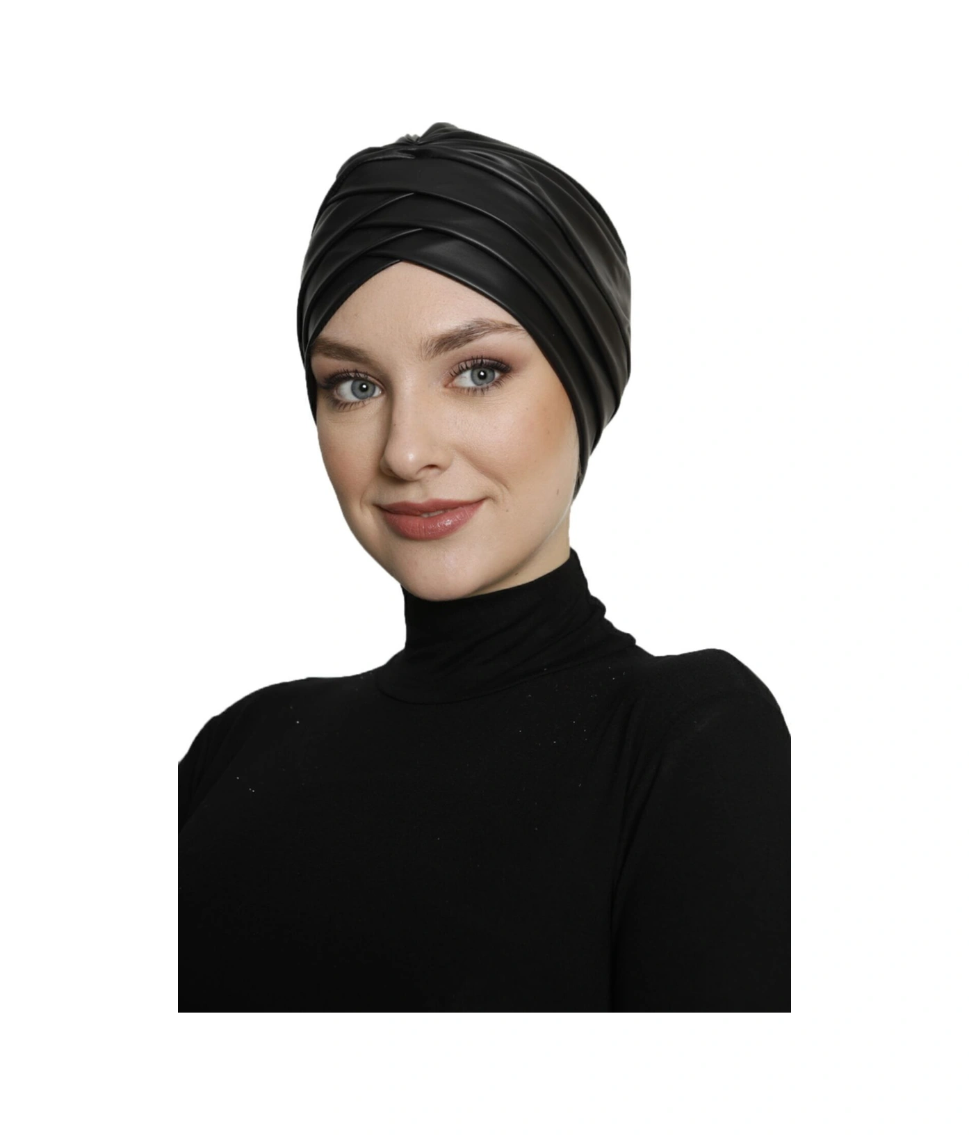 Üç Bantlı Deri Siyah Astarlı Hazır Türban Tesettür Bone Siyah
