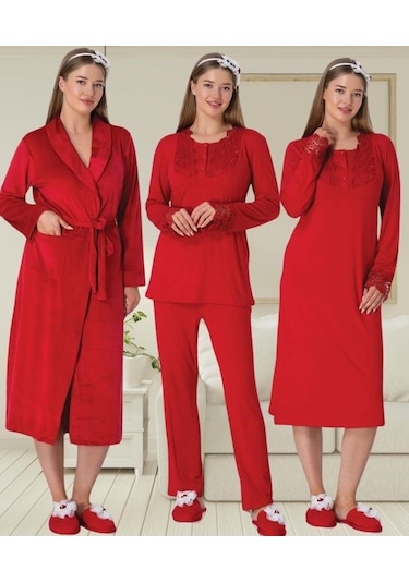 Mecit Pijama Mecit 6500 Bayan Hamile Kırmızı Sabahlıklı Gecelik Pijama Takımı