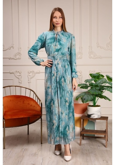 Aymeravm - Pileli Desenli Kadın Elbise - Işk5122Ga