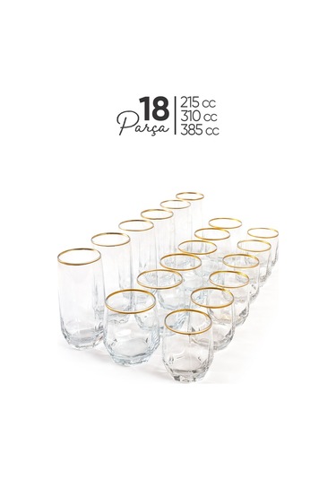 Mest Gold Yaldızlı 18 Parça Cam Su Bardağı Seti Bardak Takımı 215, 310, 385 Cc Gold